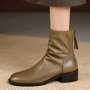 2023 nové Jeseň zima Ženy členková obuv prírodná koža 22-25 cm umyté hovädzie kože+bravčovej moderné topánky Vintage späť na zips topánky