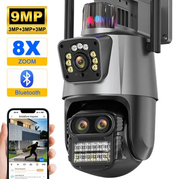 9MP Tri Objektív WIFI IP Kamera, Vonkajšie PTZ 8X Zoom Duálna Obrazovka Automatického Sledovania Bezpečnosti Cam Video monitorovací KAMEROVÝ Bluetooth NVR