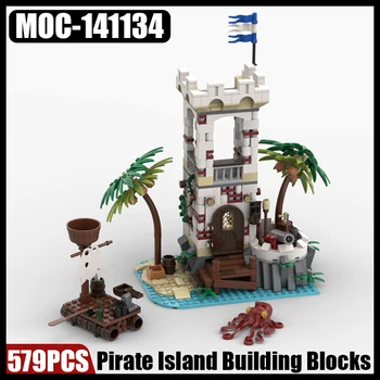MOC Pirate Island Buidling Bloky Auta Hrad Rozhľadňa Coconut Tree House Raft Delové Lode Tehly Zostaviť Hračky pre Chlapcov Darček