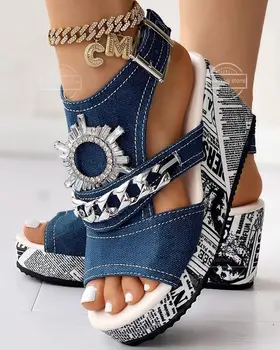 Sandále dámske Noviny Drahokamu Výstroj Vzor Slingback Platformu Típat Prst Kliny Podpätky Sandále, Topánky, Papuče Vonkajšie