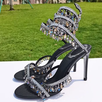 Stiletto Päty Crystal Svadobné Sandále Vysokým Podpätkom Formálnej Strany Obuv Členková Strappy Sandále Dizajnér Večerné Šaty Topánky Ženy