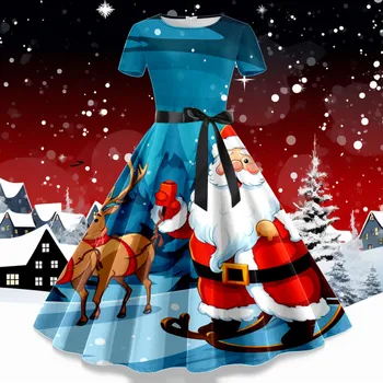 Vianočné Tlač Elegantný Retro Skladaný Šaty Žien 2023 Nové Krátke Rukávy Okrúhle Krčný Tunika Rúcha Femme Strany Kostým Oblečenie