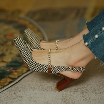 Vintage Koberčeky Pracka Sandále Módne Retro Ženy Pearl Vysoké Podpätky Lete Štvorcové Prst Čerpadlá pre Ženy Lady Vysokým Podpätkom Žena Čerpadlá