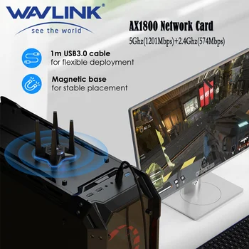 WAVLINK USB 3.0 AX1800 6 WiFi Adaptéra Dual Band 5 ghz(1201Mbps)+2,4 Ghz(574Mbps) 4x3dBi Antény Beamforming Podpora Windows 11/10