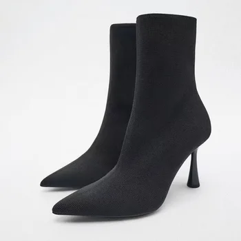 ZAR@A2023 Jeseň Nové dámske Topánky Čierne Textílie Vysoko Pružné Tenké, Špicaté Päty Krátke Topánky