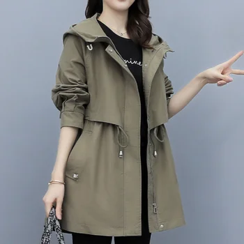 Bunda s kapucňou Ženy kórejský Módnych Odevov Windbreaker Strednej dĺžky Jeseň Oblečenie Nové Voľné Bežné Bundy pre Ženy