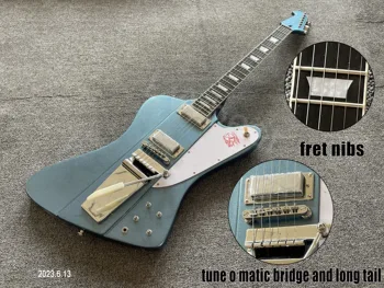 Elektrická Gitara Modrá Metalické Rosewood Finferboard S Pražec Nibs Dlhý Chvost A Chrome Časti Belšie Pickguard 2 Mini Humbuc