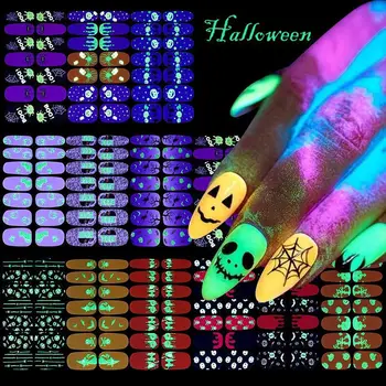 Fluorescencie 3D na Nechty, Nálepky Svetelný Halloween Tekvica Spider Hviezdy, Mesiac DIY Nechtov Obtlačky Svietiť V Tme Nail Art Decoration