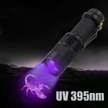 LED UV Baterka 395nm Vlnová dĺžka Hliníkových Mini Pochodeň Fialové Svetlo Zoomovateľnom Pet Moču Scorpion na intímnu hygienu Detektor