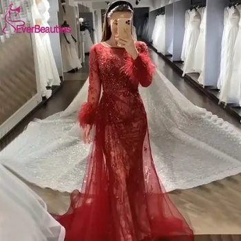 Luxusné Korálkové Dubaj Prom Šaty, Dlhé Rukávy Saudská Arábia Večerné Šaty Vínovo Prom Šaty morskej panny Formálne Šaty s Perím